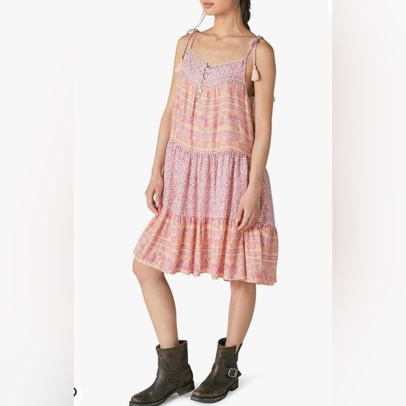 Lucky Brand Women's Mixed Print Tie Sleeve Tiered Dress Large NWT - Picture 3 of 14